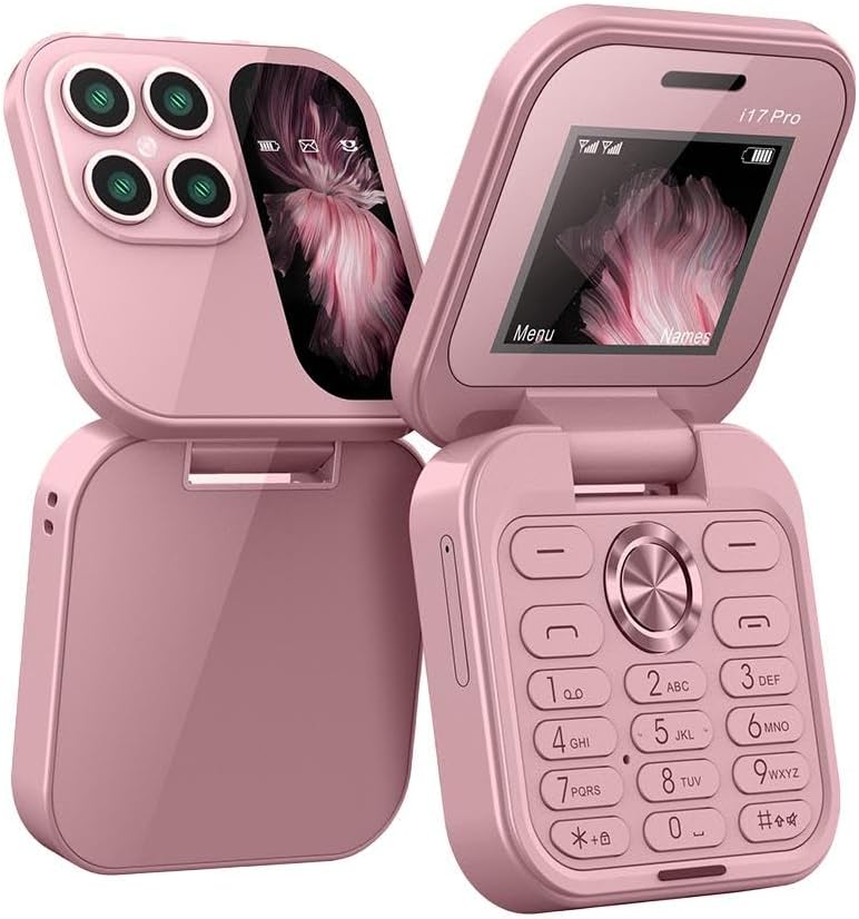 "Faltbares Mini-Handy mit Klappdesign, dualer SIM-Nutzung und LED-Taschenlampe in elegantem Schwarz."