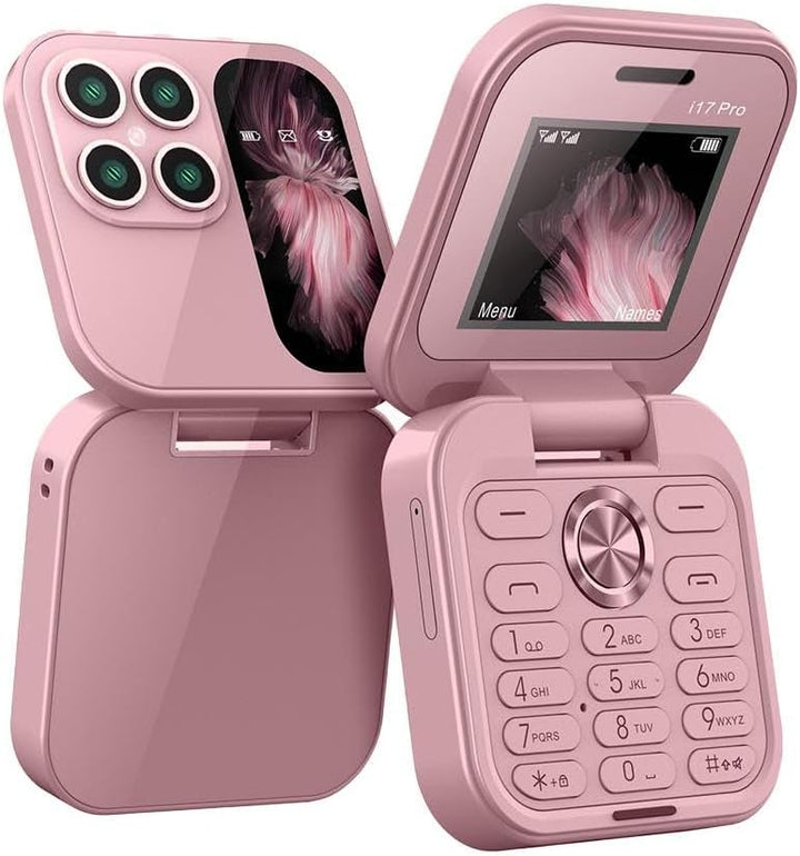 "Faltbares Mini-Handy mit Klappdesign, dualer SIM-Nutzung und LED-Taschenlampe in elegantem Schwarz."