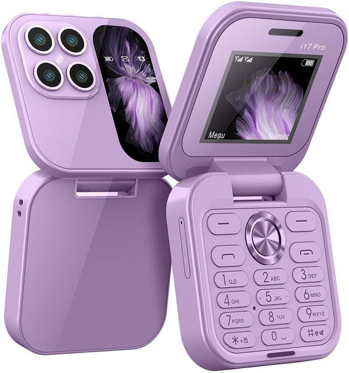 "Faltbares Mini-Handy mit Klappdesign, dualer SIM-Nutzung und LED-Taschenlampe in elegantem Schwarz."