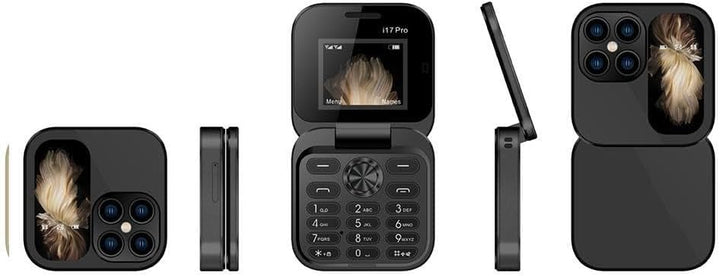"Faltbares Mini-Handy mit Klappdesign, dualer SIM-Nutzung und LED-Taschenlampe in elegantem Schwarz."