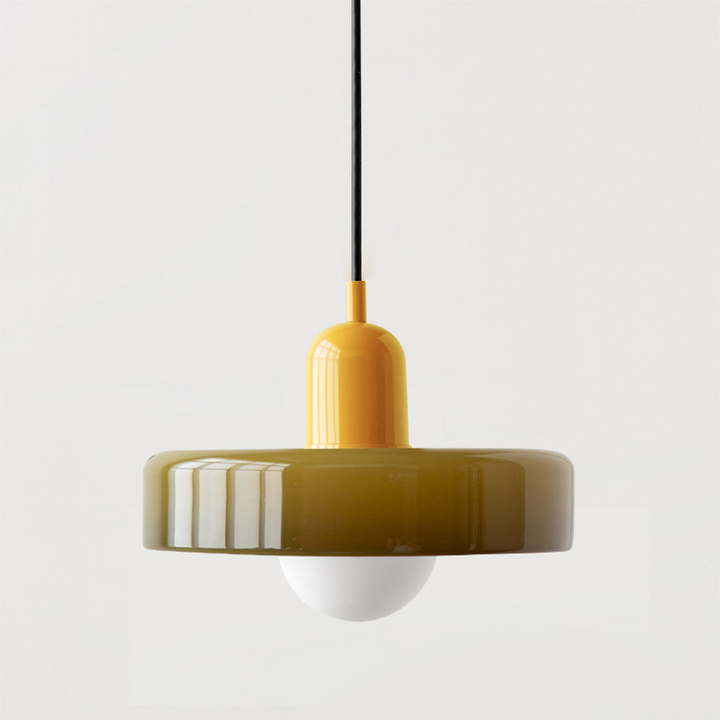 Farbenfrohe Glas-Pendelleuchte im Bauhausstil, handgefertigt, rund, mit lebhaften Farben Grün, Weiß, Gelb, Leuchtend Grün.