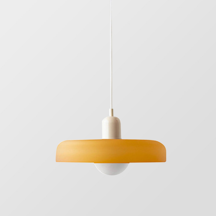 Farbenfrohe Glas-Pendelleuchte im Bauhausstil, handgefertigt, rund, mit lebhaften Farben Grün, Weiß, Gelb, Leuchtend Grün.