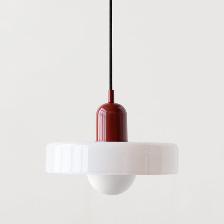 Farbenfrohe Glas-Pendelleuchte im Bauhausstil, handgefertigt, rund, mit lebhaften Farben Grün, Weiß, Gelb, Leuchtend Grün.