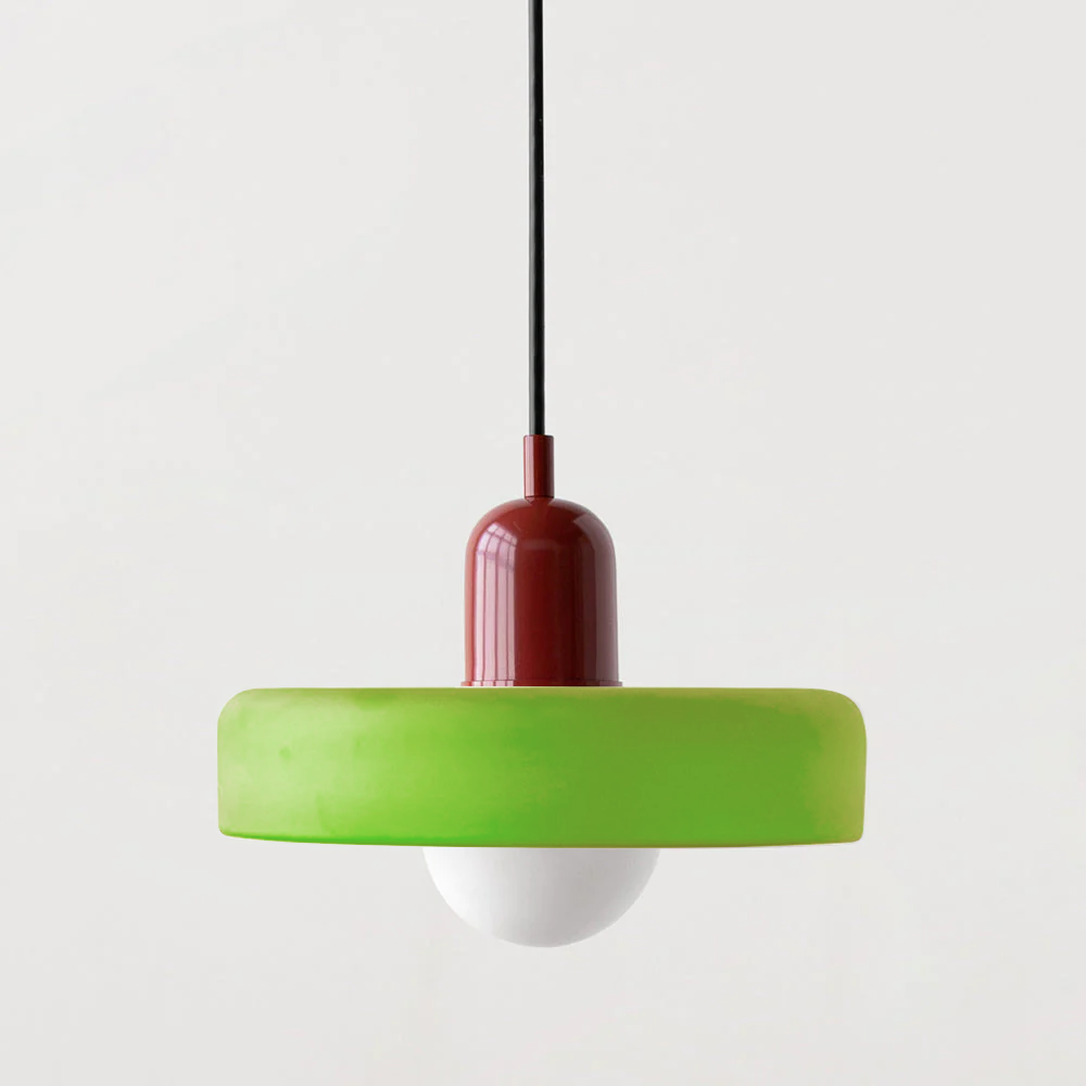 Farbenfrohe Glas-Pendelleuchte im Bauhausstil, handgefertigt, rund, mit lebhaften Farben Grün, Weiß, Gelb, Leuchtend Grün.