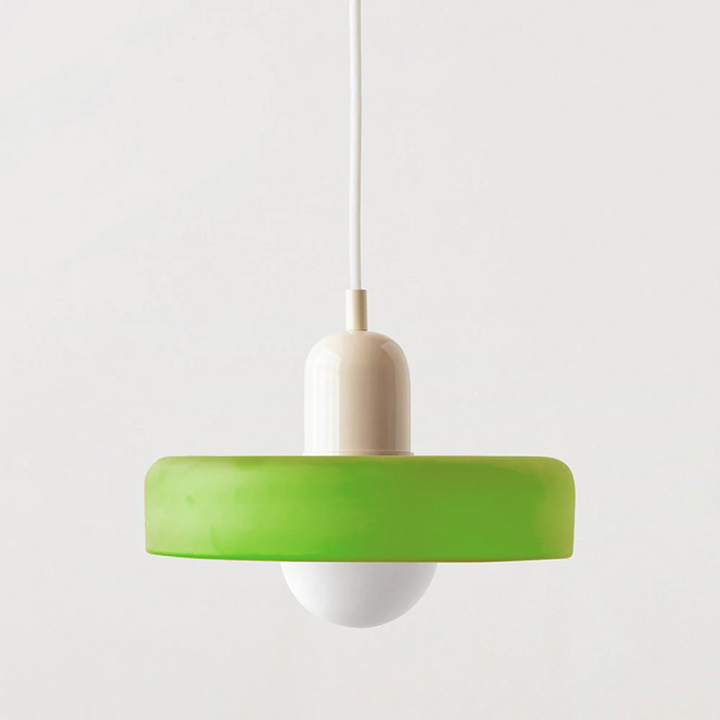 Farbenfrohe Glas-Pendelleuchte im Bauhausstil, handgefertigt, rund, mit lebhaften Farben Grün, Weiß, Gelb, Leuchtend Grün.