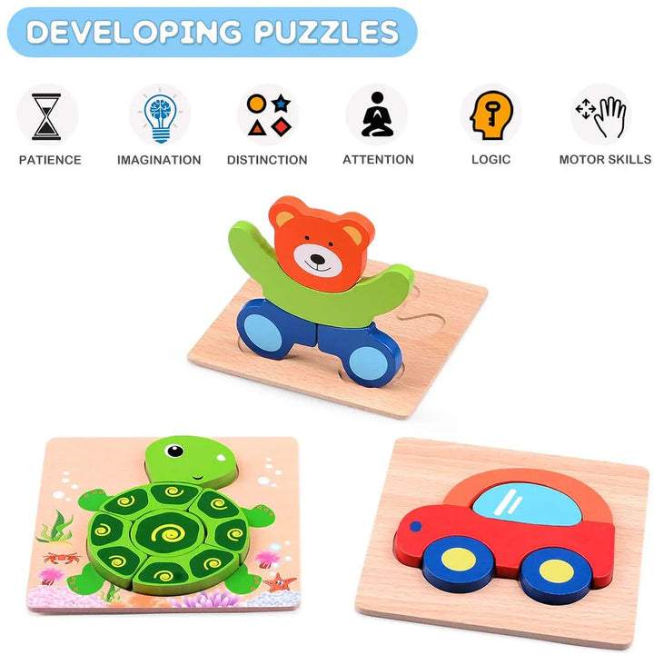 Farbenfrohes Montessori-Tierpuzzle aus Holz mit liebevollen Tiermotiven fördern Feinmotorik bei Kindern ab 2 Jahren.