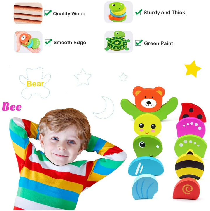 Farbenfrohes Montessori-Tierpuzzle aus Holz mit liebevollen Tiermotiven fördern Feinmotorik bei Kindern ab 2 Jahren.