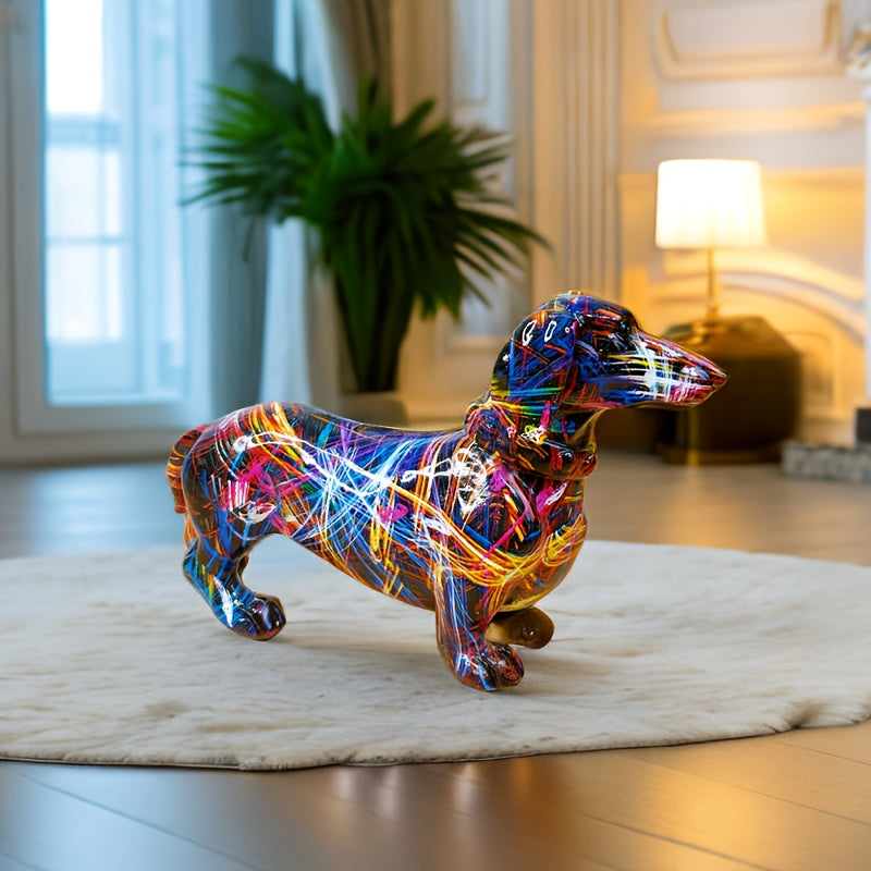 "Farbige Graffiti-Dackel-Skulptur, urbanes Design, lebendige Muster, ideal als moderne Deko für Wohn- oder Büroräume."
