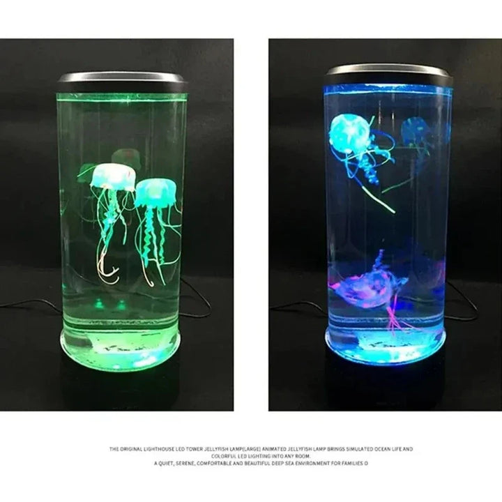 Farbwechselnde Quallenlampe bringt ozeanisches Flair, zeigt schwebende Quallen in buntem LED-Licht, ideale Tischlampe.