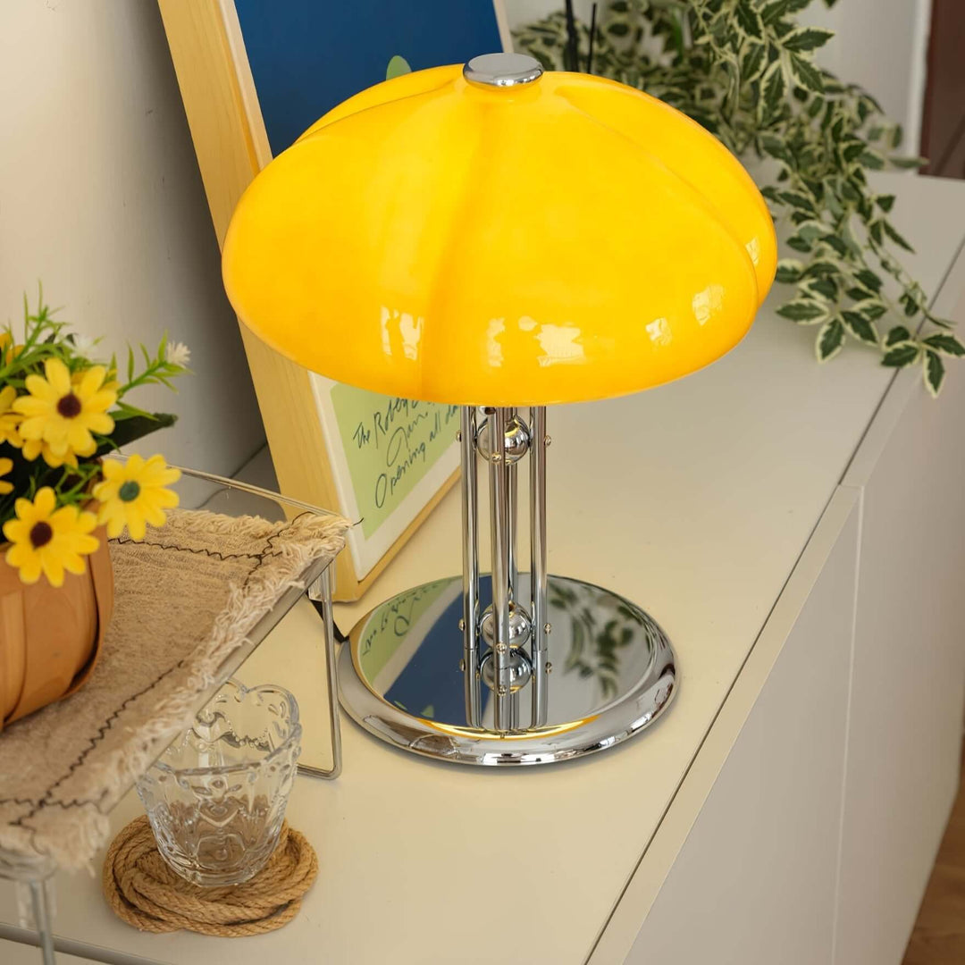 Pilz Design Tischlampe Glas Bernstein
