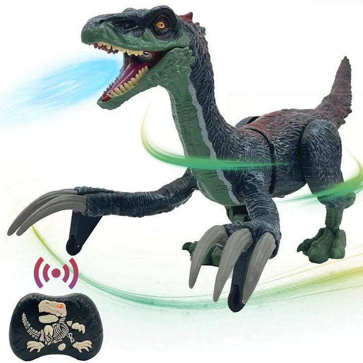 "Ferngesteuerter Dinosaurier mit Nebelspray, furchteinflößendes Design, realistische Bewegungen, Spaß für Kinderzimmer."