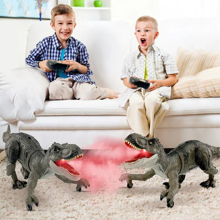 "Ferngesteuerter Dinosaurier mit Nebelspray, furchteinflößendes Design, realistische Bewegungen, Spaß für Kinderzimmer."