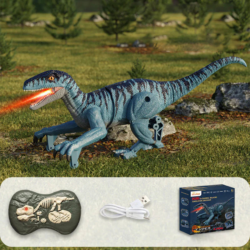 "Ferngesteuerter Dinosaurier mit Nebelspray, furchteinflößendes Design, realistische Bewegungen, Spaß für Kinderzimmer."