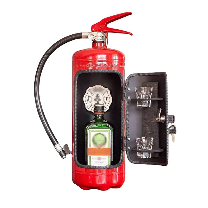 "Flaschenhalter im Feuerlöscher-Design, rot, täuschend echt, stilvolle Getränkepräsentation für Whisky, Wein, Champagner."