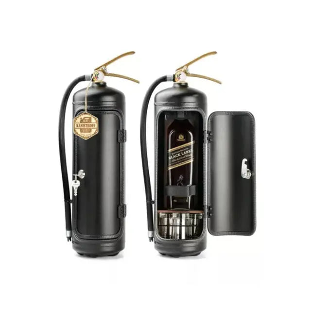 "Flaschenhalter im Feuerlöscher-Design, rot, täuschend echt, stilvolle Getränkepräsentation für Whisky, Wein, Champagner."