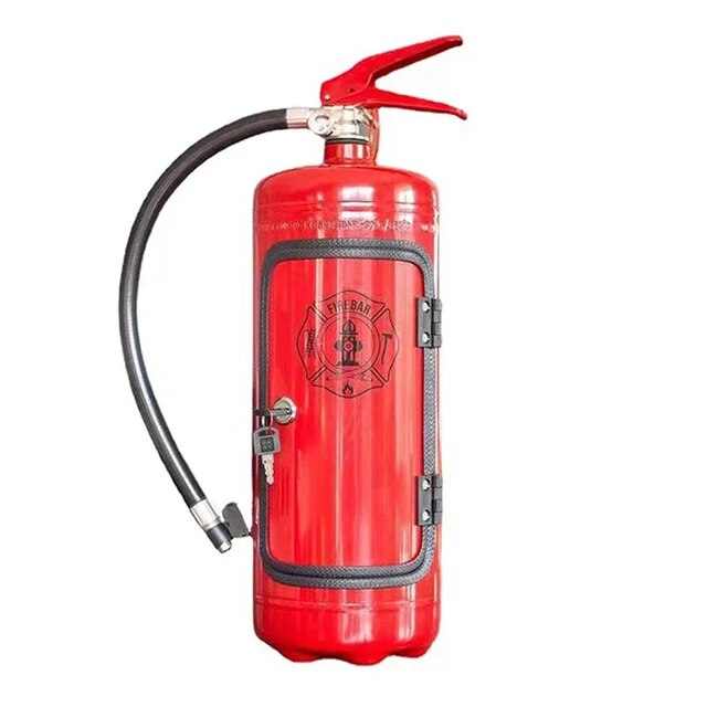 "Flaschenhalter im Feuerlöscher-Design, rot, täuschend echt, stilvolle Getränkepräsentation für Whisky, Wein, Champagner."
