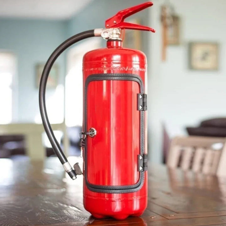 "Flaschenhalter im Feuerlöscher-Design, rot, täuschend echt, stilvolle Getränkepräsentation für Whisky, Wein, Champagner."