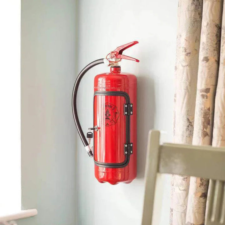 "Flaschenhalter im Feuerlöscher-Design, rot, täuschend echt, stilvolle Getränkepräsentation für Whisky, Wein, Champagner."