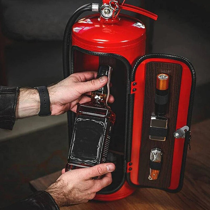 "Flaschenhalter im Feuerlöscher-Design, rot, täuschend echt, stilvolle Getränkepräsentation für Whisky, Wein, Champagner."