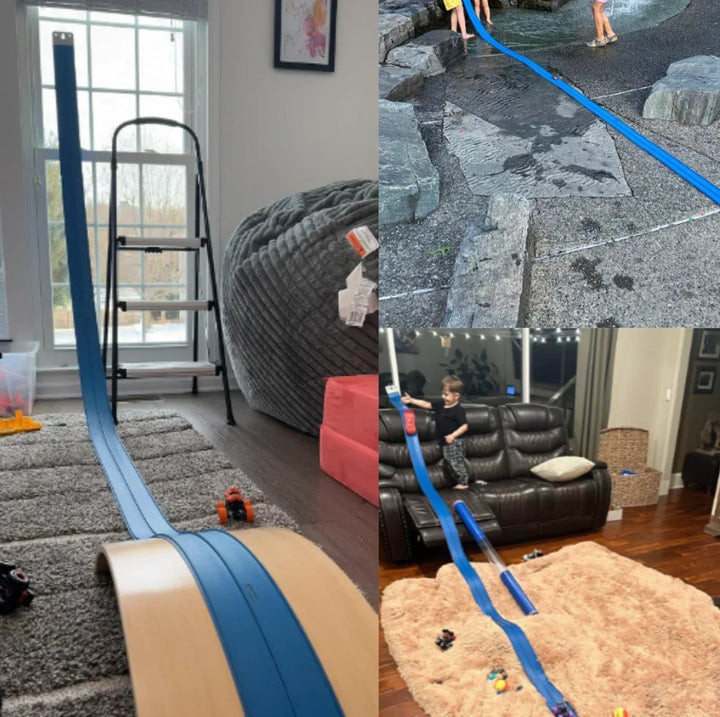 Flexible Spielbahn mit Fahrzeugen, bunt und biegsam, Bau-Set für Kinder zum kreativen Gestalten und Spielen.