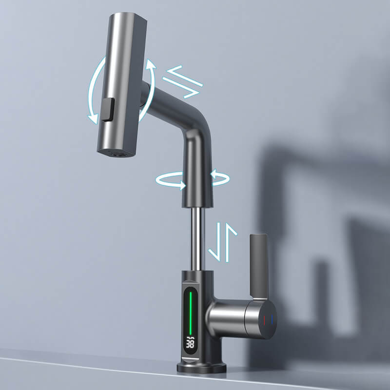 "Flexibler Wasserhahn mit LED-Anzeige, 5 Sprühmodi, gebürstetes Nickel-Finish für Küche und Bad"