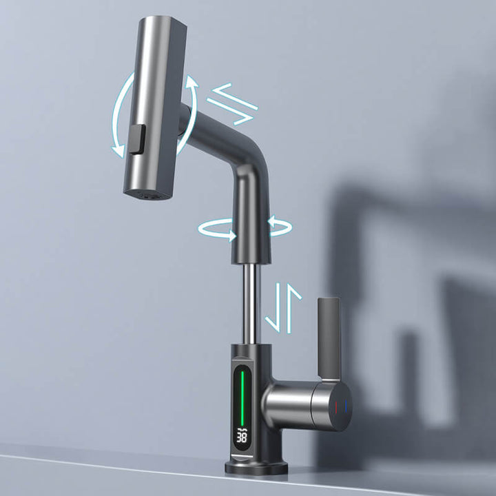 "Flexibler Wasserhahn mit LED-Anzeige, 5 Sprühmodi, gebürstetes Nickel-Finish für Küche und Bad"