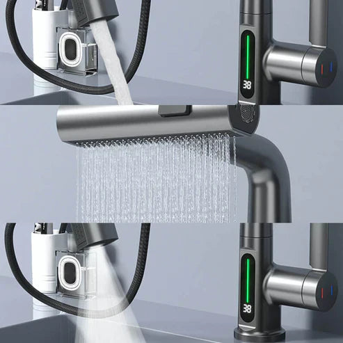 "Flexibler Wasserhahn mit LED-Anzeige, 5 Sprühmodi, gebürstetes Nickel-Finish für Küche und Bad"