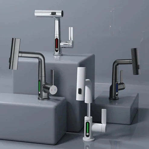 "Flexibler Wasserhahn mit LED-Anzeige, 5 Sprühmodi, gebürstetes Nickel-Finish für Küche und Bad"