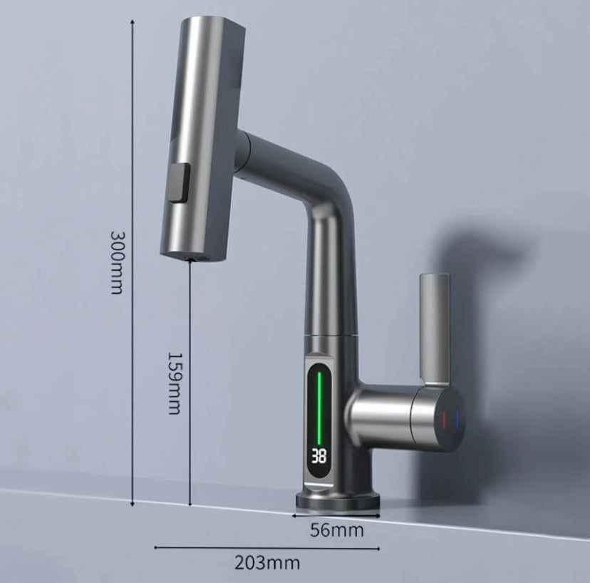 "Flexibler Wasserhahn mit LED-Anzeige, 5 Sprühmodi, gebürstetes Nickel-Finish für Küche und Bad"