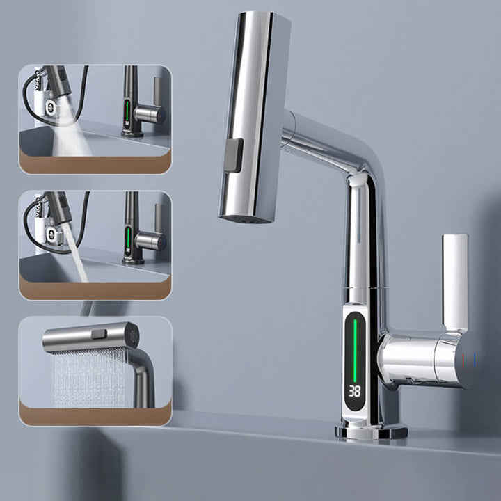 "Flexibler Wasserhahn mit LED-Anzeige, 5 Sprühmodi, gebürstetes Nickel-Finish für Küche und Bad"