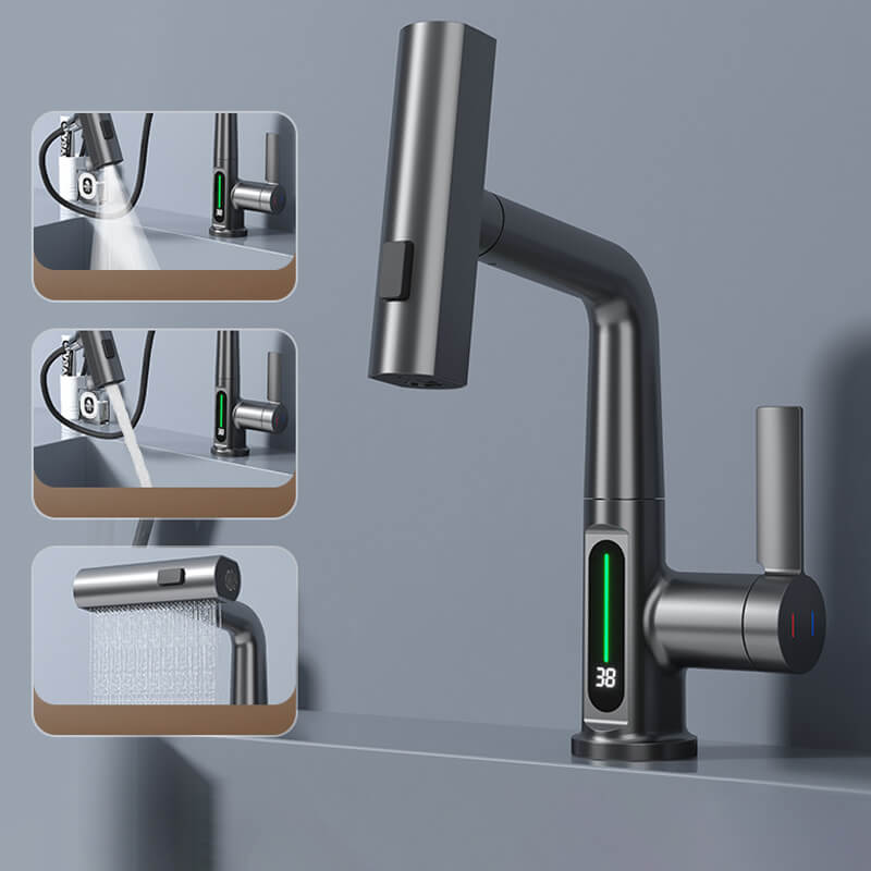 "Flexibler Wasserhahn mit LED-Anzeige, 5 Sprühmodi, gebürstetes Nickel-Finish für Küche und Bad"