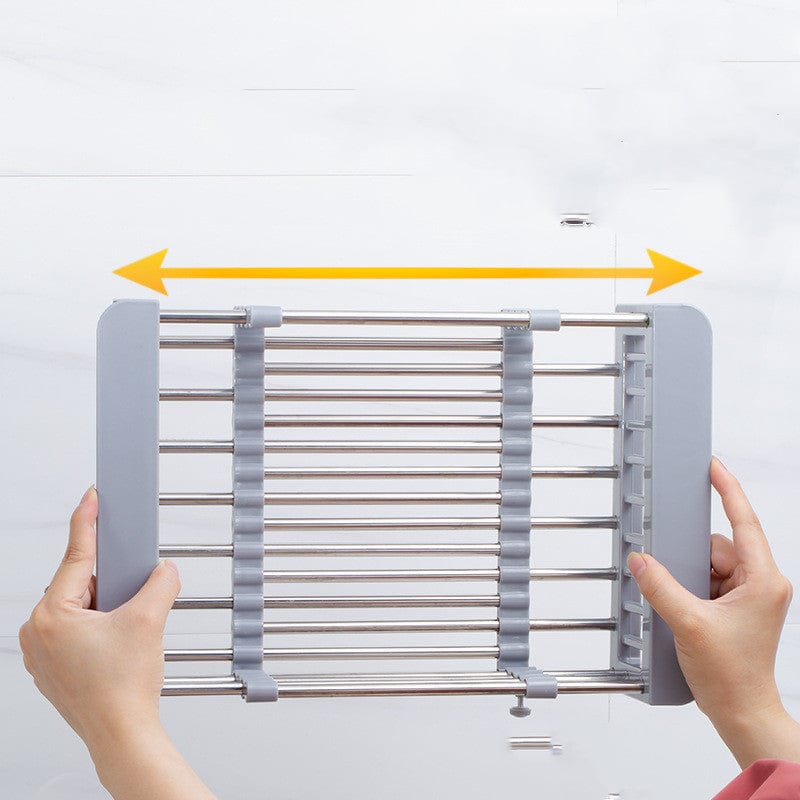 "FlexRack: Verstellbares Abtropfgestell aus Edelstahl für Geschirr und Gemüse, ideal für jede Kücheneinrichtung."