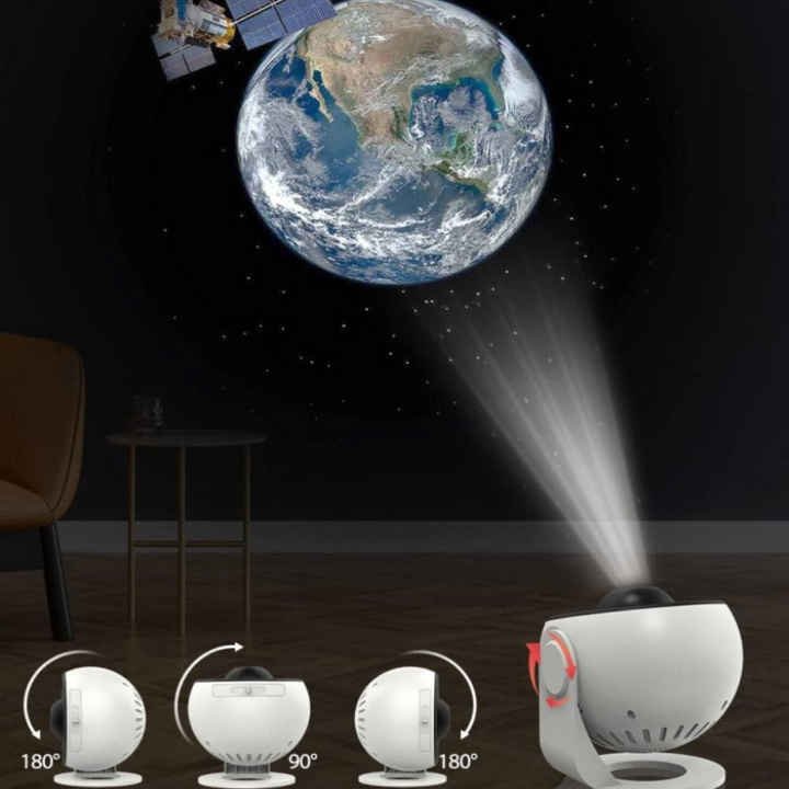 "GalaxySky Projektor mit HD Sternenhimmel, beleuchteter Raum mit leuchtenden Galaxiemustern, ideal für Entspannung zu Hause."