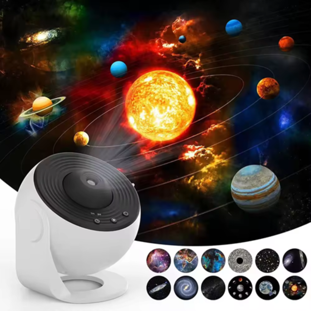 "GalaxySky Projektor mit HD Sternenhimmel, beleuchteter Raum mit leuchtenden Galaxiemustern, ideal für Entspannung zu Hause."