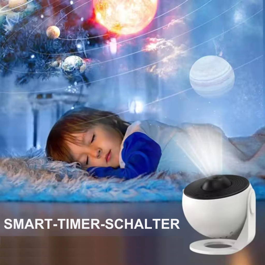 "GalaxySky Projektor mit HD Sternenhimmel, beleuchteter Raum mit leuchtenden Galaxiemustern, ideal für Entspannung zu Hause."