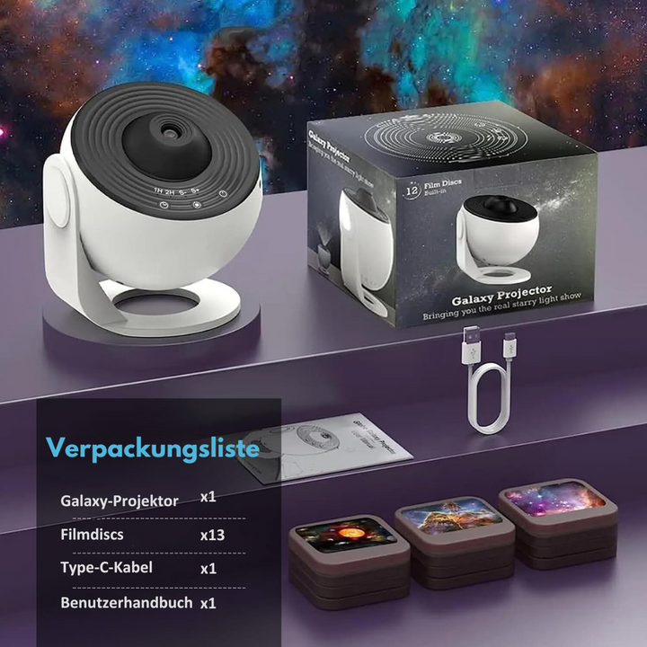 "GalaxySky Projektor mit HD Sternenhimmel, beleuchteter Raum mit leuchtenden Galaxiemustern, ideal für Entspannung zu Hause."