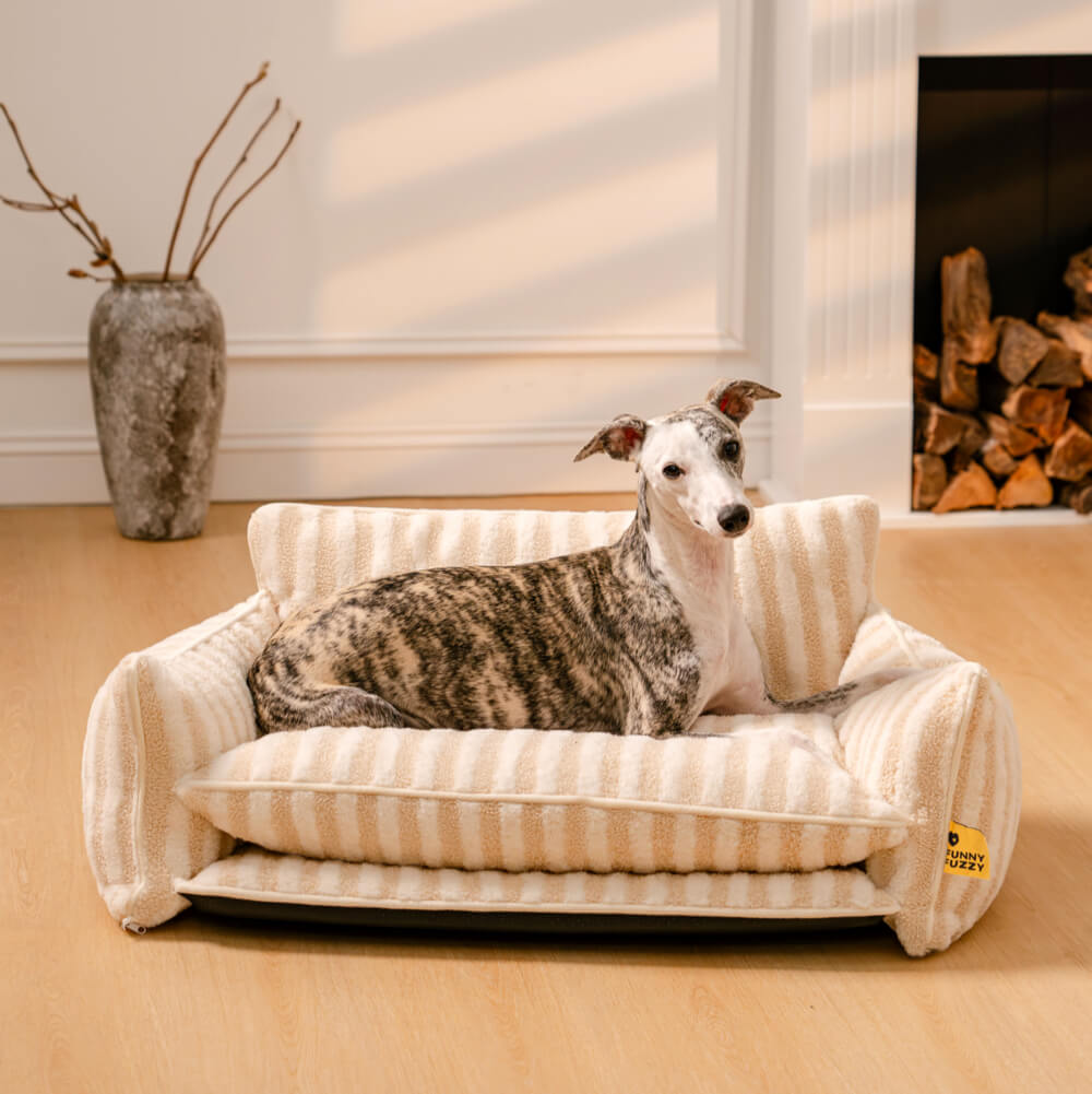 "Gestreiftes doppellagiges Haustierschlafsofa mit Lammwolle, ideal für Katzen und Hunde, beige und schwarz-weiß verfügbar"