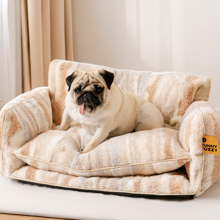 "Gestreiftes doppellagiges Haustierschlafsofa mit Lammwolle, ideal für Katzen und Hunde, beige und schwarz-weiß verfügbar"