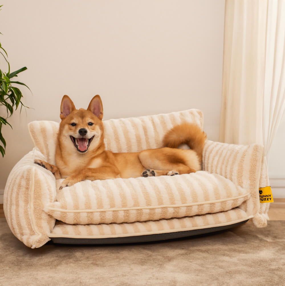 "Gestreiftes doppellagiges Haustierschlafsofa mit Lammwolle, ideal für Katzen und Hunde, beige und schwarz-weiß verfügbar"