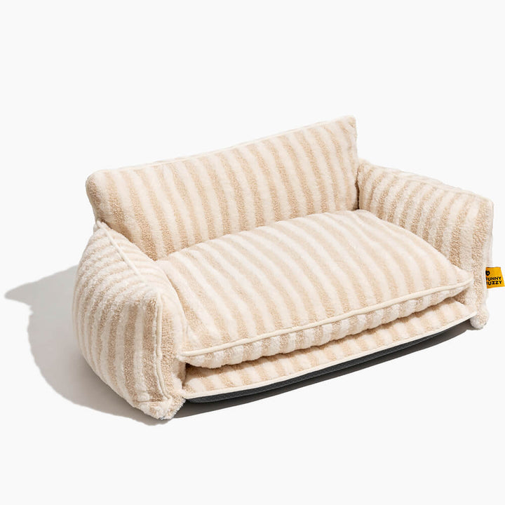 "Gestreiftes doppellagiges Haustierschlafsofa mit Lammwolle, ideal für Katzen und Hunde, beige und schwarz-weiß verfügbar"