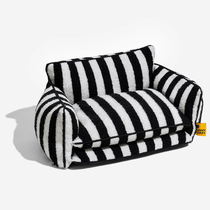 "Gestreiftes doppellagiges Haustierschlafsofa mit Lammwolle, ideal für Katzen und Hunde, beige und schwarz-weiß verfügbar"