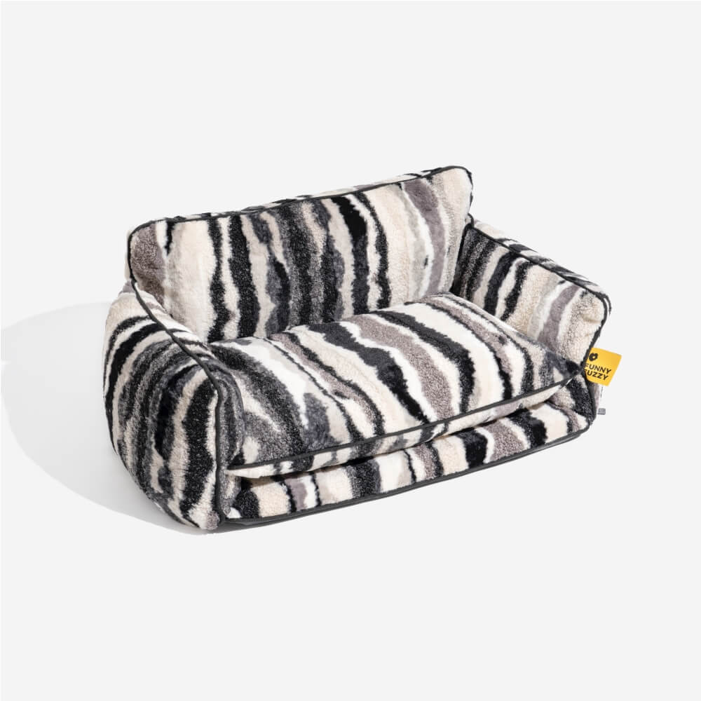 "Gestreiftes doppellagiges Haustierschlafsofa mit Lammwolle, ideal für Katzen und Hunde, beige und schwarz-weiß verfügbar"