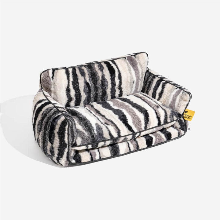 "Gestreiftes doppellagiges Haustierschlafsofa mit Lammwolle, ideal für Katzen und Hunde, beige und schwarz-weiß verfügbar"