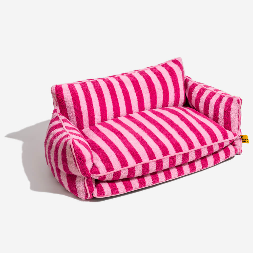"Gestreiftes doppellagiges Haustierschlafsofa mit Lammwolle, ideal für Katzen und Hunde, beige und schwarz-weiß verfügbar"