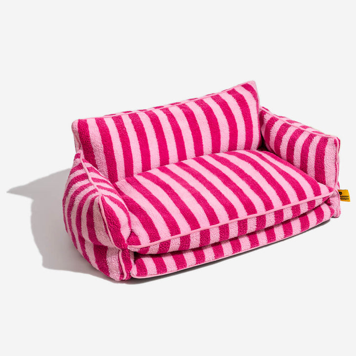 "Gestreiftes doppellagiges Haustierschlafsofa mit Lammwolle, ideal für Katzen und Hunde, beige und schwarz-weiß verfügbar"