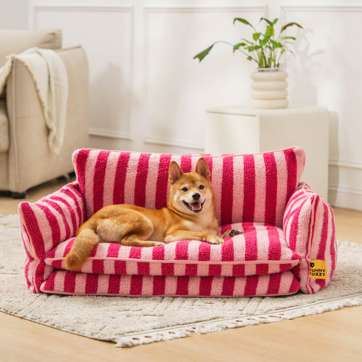 "Gestreiftes doppellagiges Haustierschlafsofa mit Lammwolle, ideal für Katzen und Hunde, beige und schwarz-weiß verfügbar"