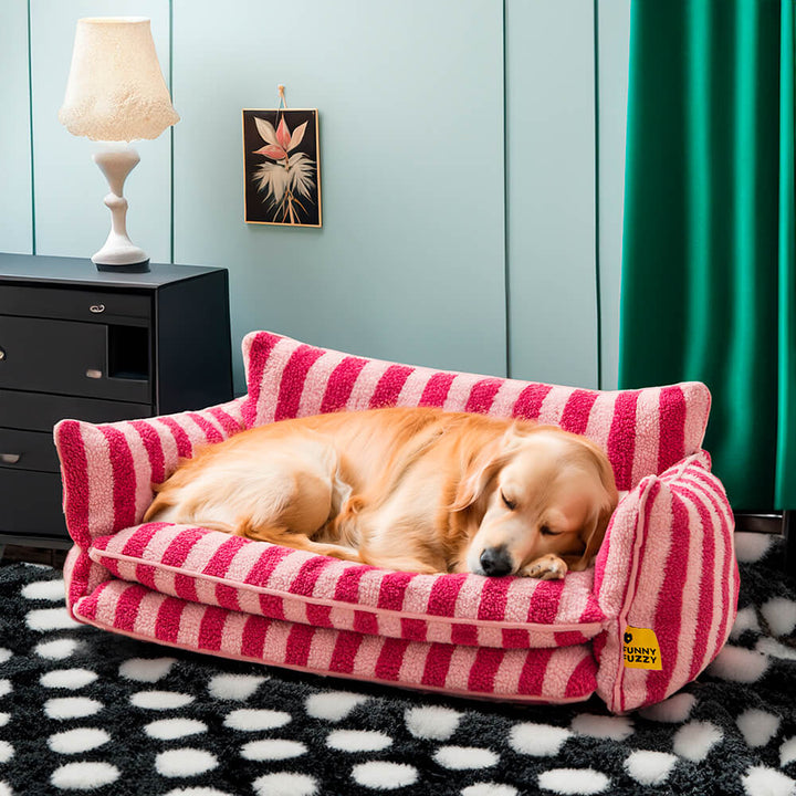 "Gestreiftes doppellagiges Haustierschlafsofa mit Lammwolle, ideal für Katzen und Hunde, beige und schwarz-weiß verfügbar"