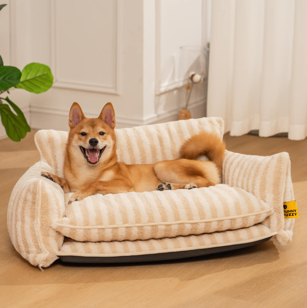 "Gestreiftes doppellagiges Haustierschlafsofa mit Lammwolle, ideal für Katzen und Hunde, beige und schwarz-weiß verfügbar"