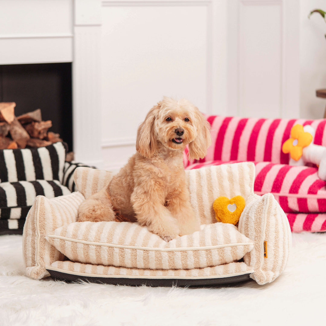 "Gestreiftes doppellagiges Haustierschlafsofa mit Lammwolle, ideal für Katzen und Hunde, beige und schwarz-weiß verfügbar"