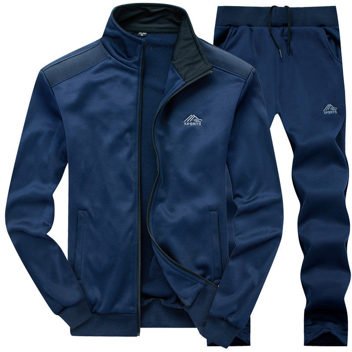 Grauer Herren-Trainingsanzug, modisches Design, Vorderansicht; ideal für sportliche Aktivitäten und Alltag, bequem und stilvo